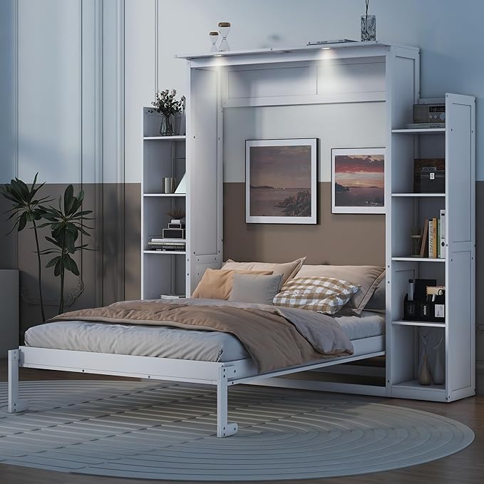 BIADNBZ Full Size Murphy Bed with Storage Shelves and LED Lights,Solid Wood Wall Bedframe for Guestroom, Home Office,White
