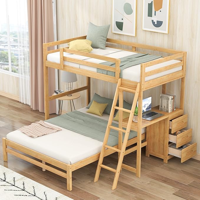 BIADNBZ Twin Over Full L-Shaped Bunk Bed with Desk and Drawers, Solid Wood Loftbed&Platform Bedframe 2 in 1 with Storage, for Kids Teens Bedroom, Natural
