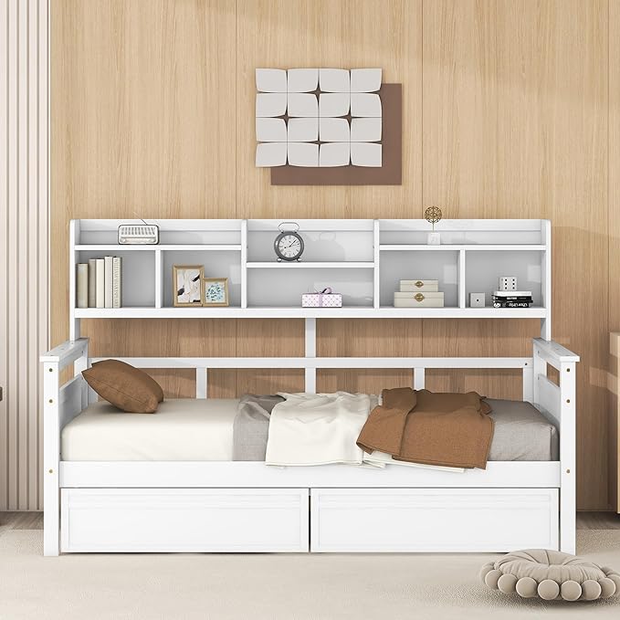 BIADNBZ Twin Size Daybed with Two Drawers and Shelves,Wooden Bedframe with Wood Slat Support for Bedroom,White
