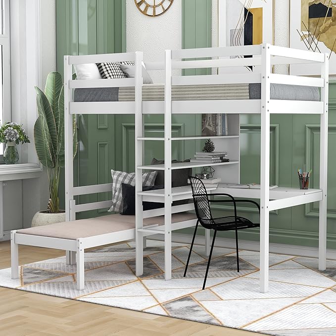 BIADNBZ Twin Size Wood Loft Bed with Desk and Storage Shelves, Convertible Bunkbeds with Ladder and Safety Rails, for Kids Teens Bedroom, White
