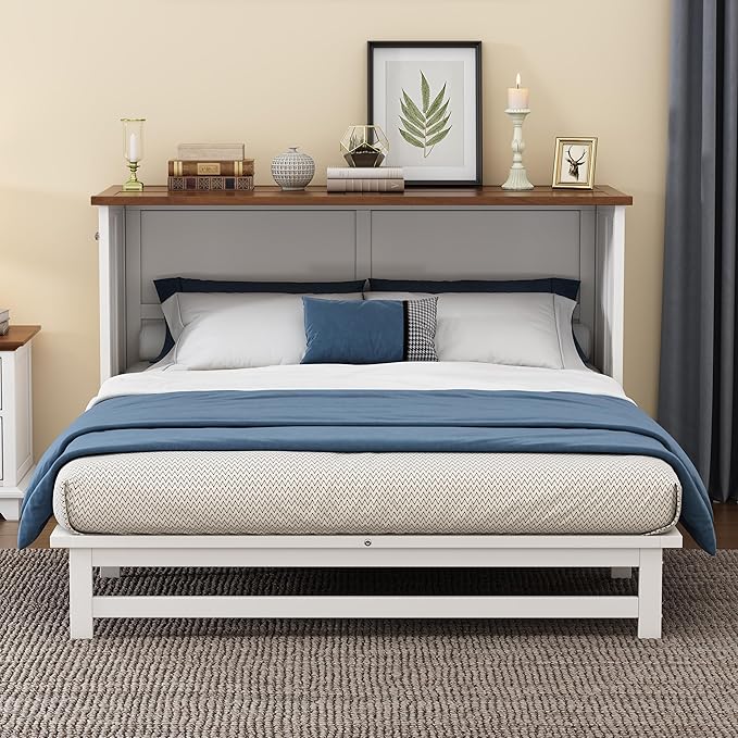 Queen Size Murphy Bed Chest with Charging Station and Large Storage Drawer, Solid Pine Platform Bedframe, Foldable, for Home Office Small Room, White+Walnut