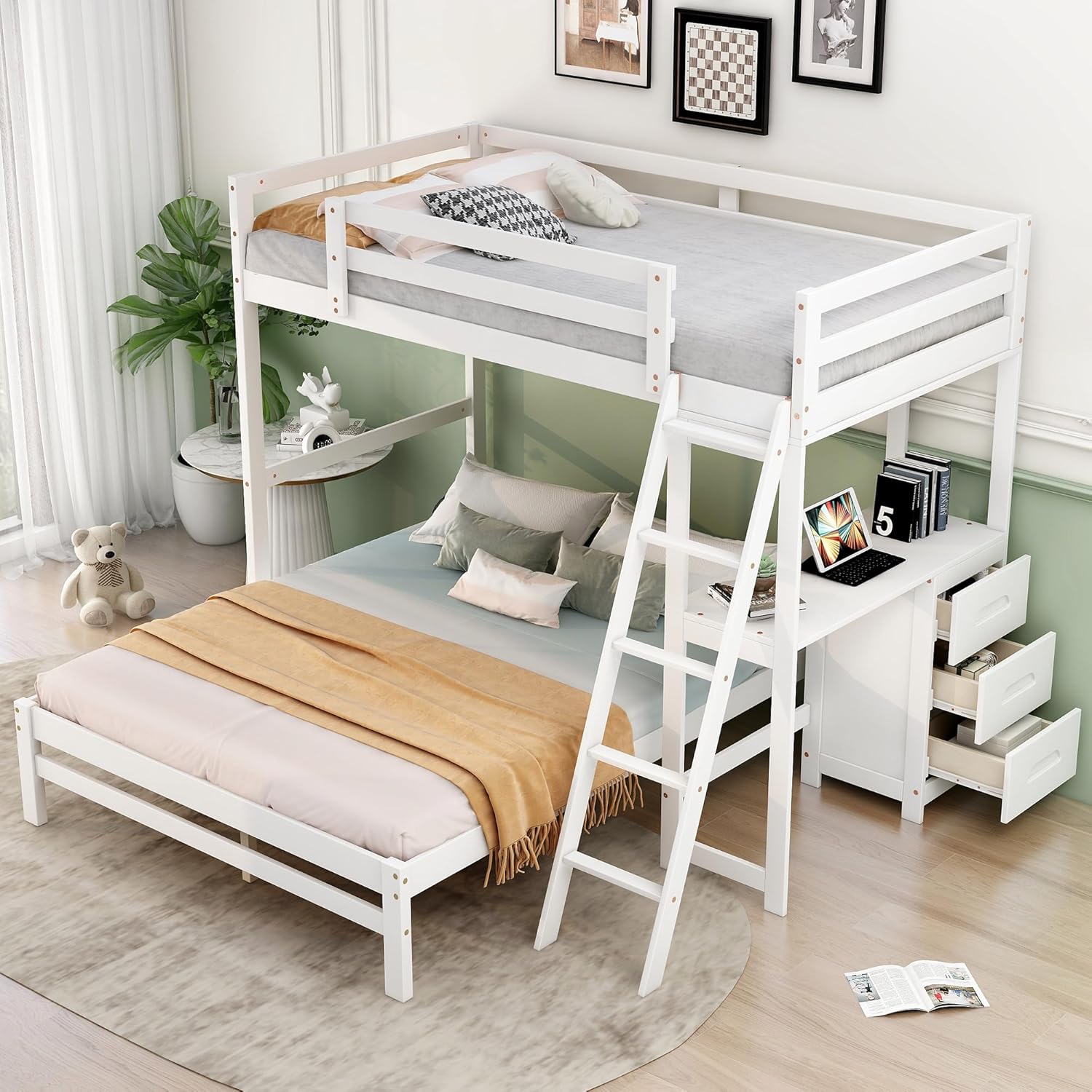 BIADNBZ Twin Over Full Bunk Bed L-Shaped, Wooden Loftbed with Desk&3 Storgae Drawers, w/A Independent Platform Bedframe, for Kids Teens Adults Bedroom Dorm, White
