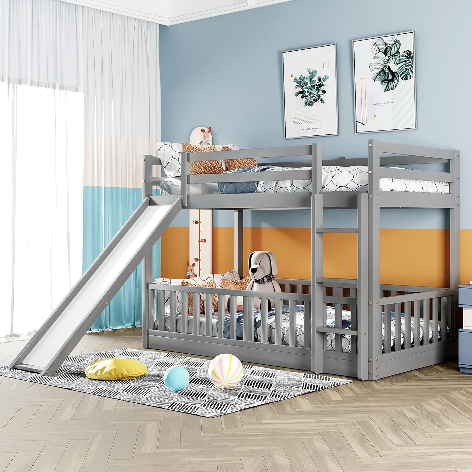 BIADNBZ Twin Size Floor Bunk Beds with Convertible Slide and Ladder, Wooded Bedframe for Kids Boys Girls Bedroom, Twin Over Twin, Gray
