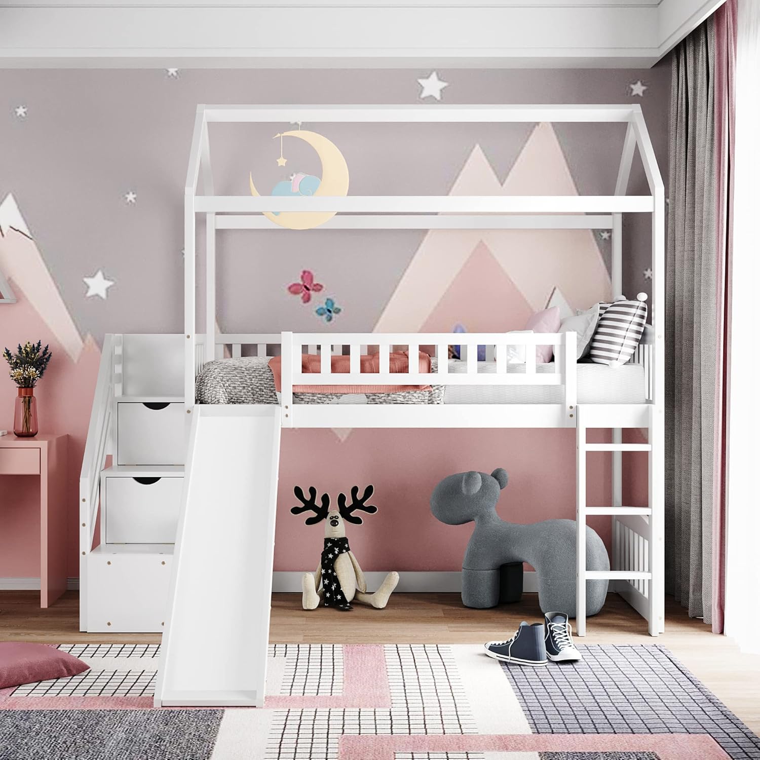 Twin Size Loft Bed with Stair and Slide,Playhouse LoftBed with Two Drawers for Kids/Teens/Bedroom,White